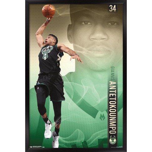 Trends International NBA Milwaukee Bucks - Giannis Antetokounmpo 19 Framed Wall Poster Prints White Framed Version 14.725 x 22.375