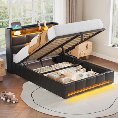 Greenstell Upholstered Lift Storage Bed with LED Lights & Charging Station, Modern Platform Bed, Heavy Duty Wooden Slats
