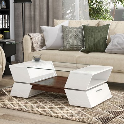 NicBex Modern Coffee Table with Tempered Glass Top,Geometric Cocktail Table with Great Storage Capacity,2-Tier Center Table for Living Room