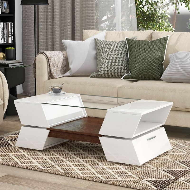 2-Tier Coffee Table with Glass-Top, Geometric Style Cocktail Table with Open Shelves and Cabinets-ModernLuxe, 1 of 15