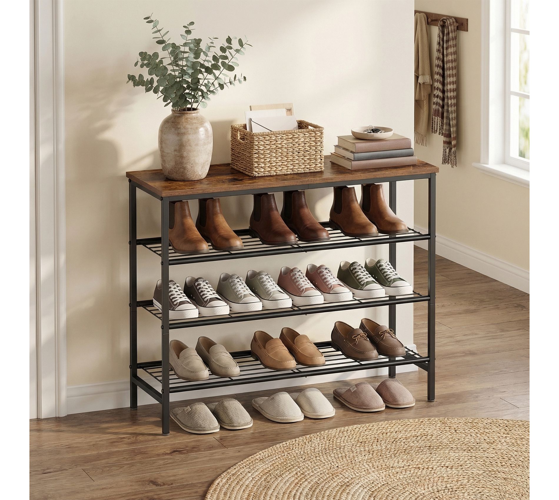 LEDREM 4-Tier Shoe Rack, Free-Standing Shoe Storage Rack, for Closet, Entryway, Living Room, Metal Organizer, Brown and Black