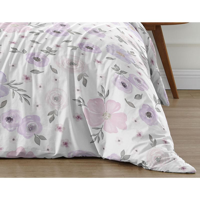 Sweet Jojo Designs Queen Duvet Cover and Shams Set Watercolor Floral Purple Pink Grey 3pc, 6 of 8