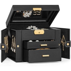 Leather Jewelry Box with Mirror & Lock, 3-Tier Organizer with 2 Drawers for Necklaces & Bracelets - 1 of 4