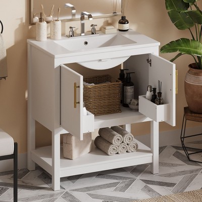 TUYOHW 30-Inch White Bathroom Vanity with Ceramic Sink and Versatile Storage for Small Bathrooms