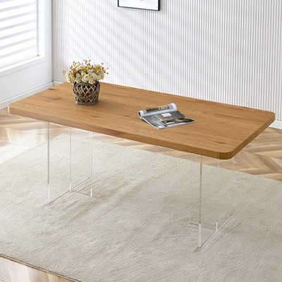 FURNIinspire Dining Tables Modern Minimalist Dining Table, Dining Table With Brown Tabletop And Acrylic Table Legs, Brown, 67"*35"*30"