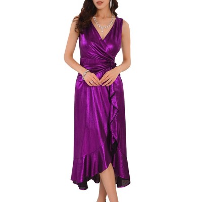 INSPIRE CHIC Women's V-Neck Ruffled Hem Wrap Tie Sleeveless Metallic Midi Dress