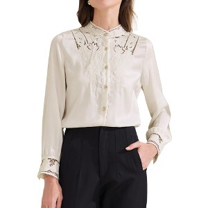 INSPIRE CHIC Women's Vintage Button Down Lace Patchwork Long Sleeve Stand Collar Work Top - 1 of 4