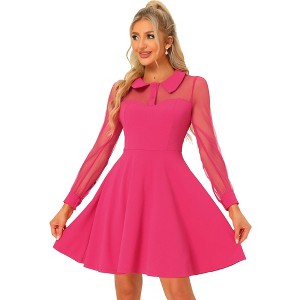 Allegra K Women's Sheer Mesh Panel Long Sleeve Fit and Flare Mini A-Line Dresses - 1 of 4
