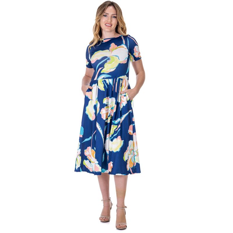 24seven Comfort Apparel Womens Blue Floral Short Sleeve Pleated Flare Midi Pocket Dress, 1 of 9
