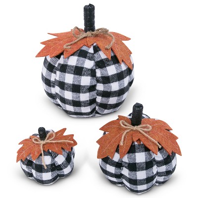 GIL Set of 3 Assorted Sized Fabric Black and White Plaid Pumpkins Harvest Décor with Leaf Accent