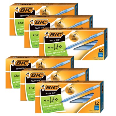 Bic Round Stic Pen, Medium Point, Blue, 12 Per Pack, 6 Packs (Case of 2)