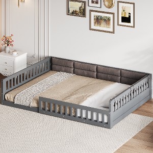 Lyngins Wood Upholstered Platform Bed with Guardrail and Pillow, Full Size Bed Frame, Children's Floor Bed, No Box Spring Needed, Toddler Bed - 1 of 4
