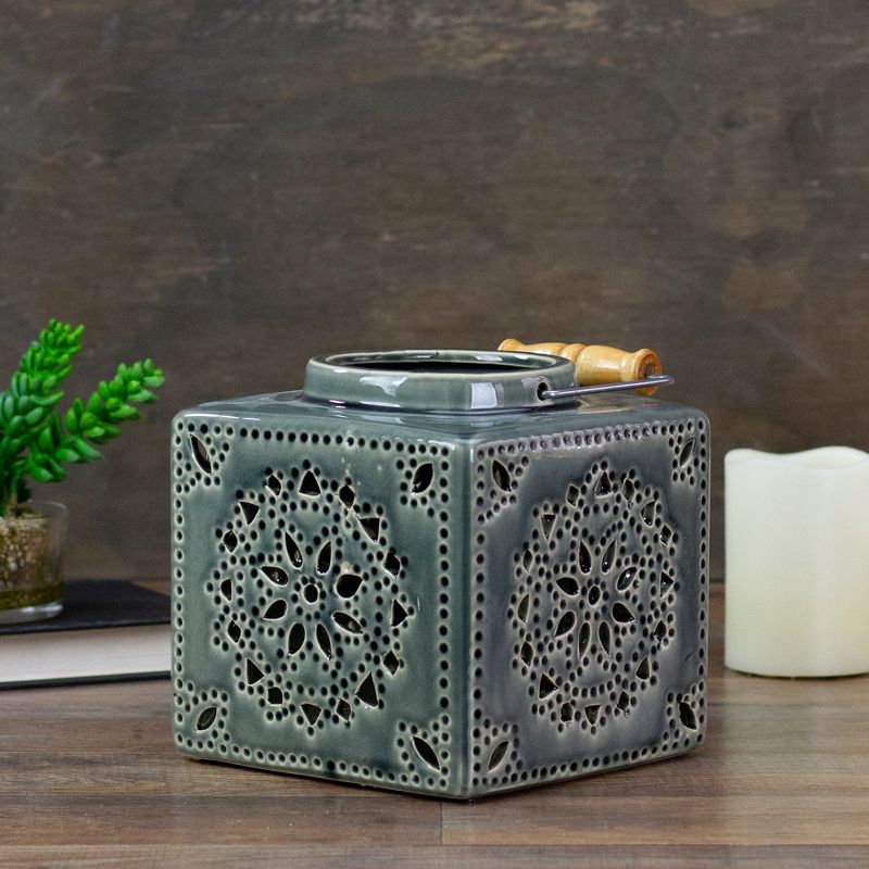Northlight 6.75" Dark Olive Green Square Crackle Finish Mosaic Cut Out Candle Lantern, 2 of 5