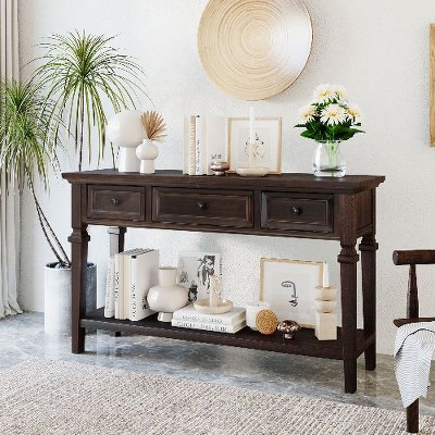 Sapphtopaz Classic Retro Console Table with 3 Top Drawers & Open Style Bottom Shelf, 50" Entryway Sofa Table, Solid Pine Entryway Table