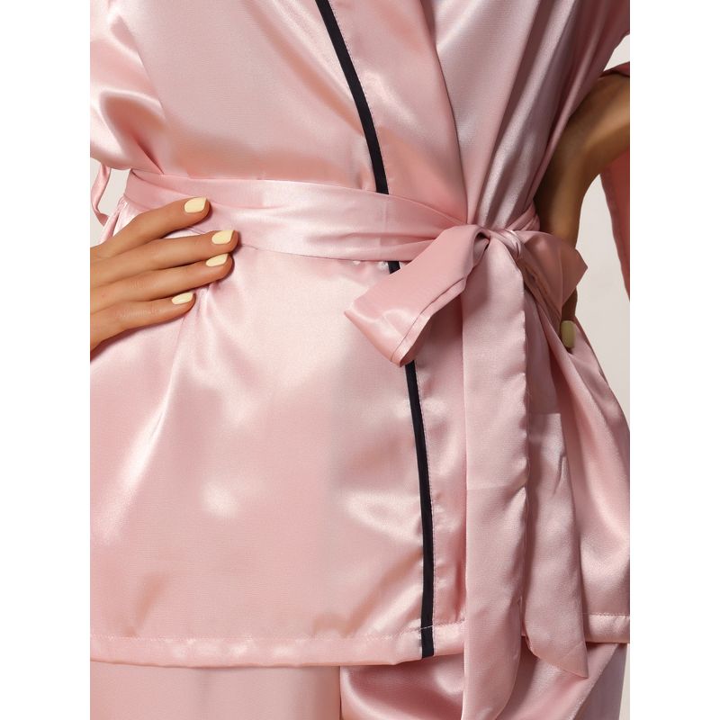 cheibear Women's Silky Satin Bell Sleeve Sleepwear Robe with Pants Pajama Sets, 5 of 6