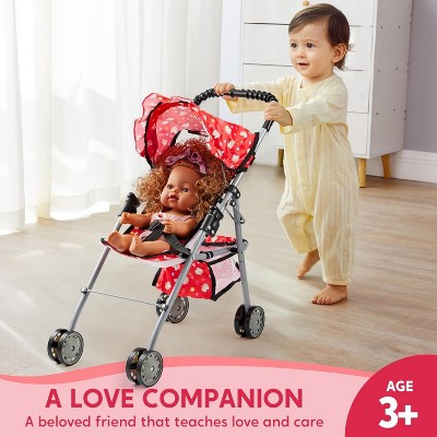 Red Unicorn Foldable Baby Doll Stroller with Basket and Bottles