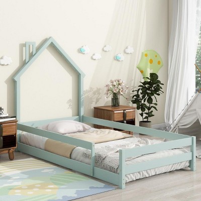 Streamdale Twin Size Wood bed with House-shaped Headboard Floor bed with Fences,Light Green
