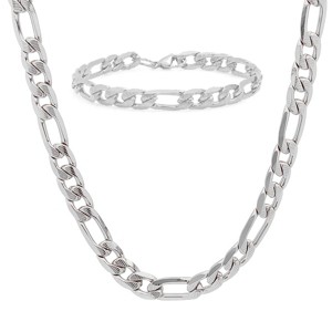 Steeltime 24" and 8.5" Men's stainless steel accented figaro chain link set. Color Options: Silver, Gold - 1 of 4