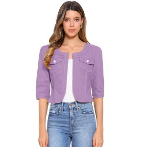 INSPIRE CHIC Women's Collarless Pockets 3/4 Sleeve Denim Jackets - 1 of 4