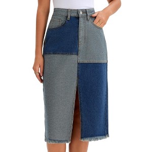 INSPIRE CHIC Women's Denim Color Block Patchwork Raw Hem Split with Pockets Midi Skirts - 1 of 4