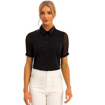 Allegra K Women's Sheer Short Sleeve Point Collar Work Button Down Shirt