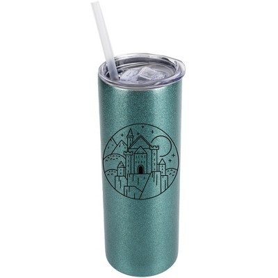 Elanze Designs Turquoise Blue 20 Ounce Double Wall Stainless Steel Glitter Travel Tumbler With Sliding Lid And Straw, Medieval Castle