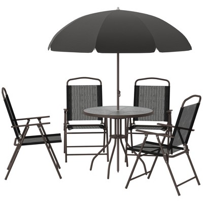 Black 6 Piece Patio Dining Set with Umbrella and Glass Table