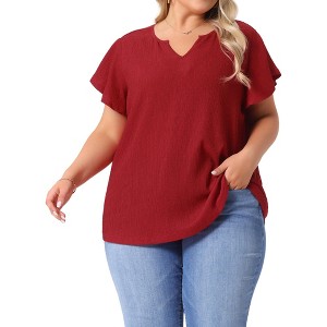 Agnes Orinda Women's Plus Size Textured V Neck Ruffle Short Sleeve Casual Tops - 1 of 4