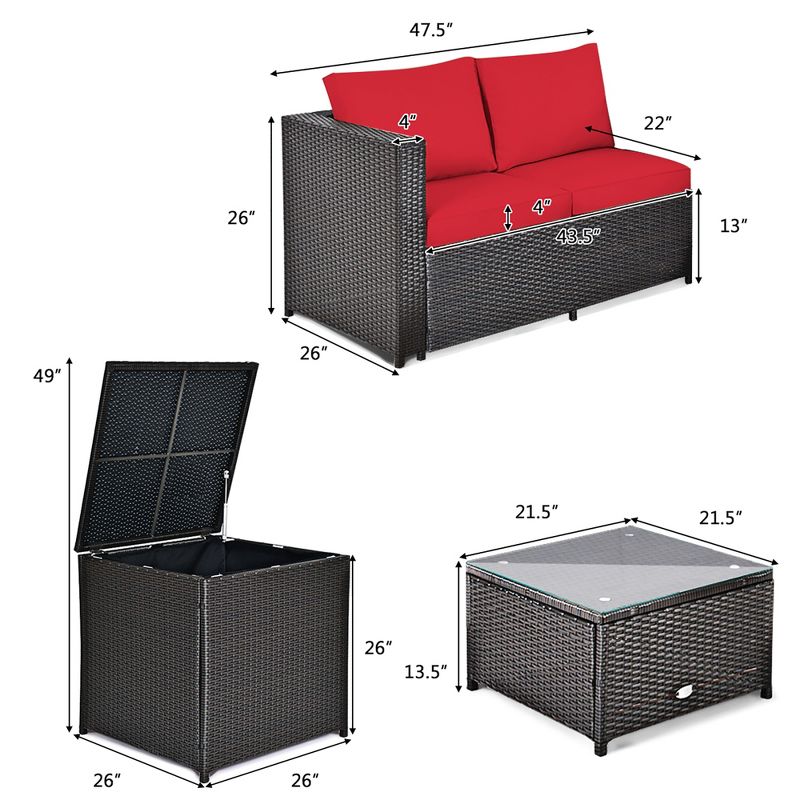 Costway 8PCS Outdoor Patio Rattan Furniture Set Cushioned Loveseat Storage Table Red\Navy, 3 of 11