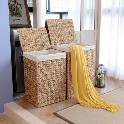 Natural Water Hyacinth Wicker Laundry Hampers with Lids, Set of 2