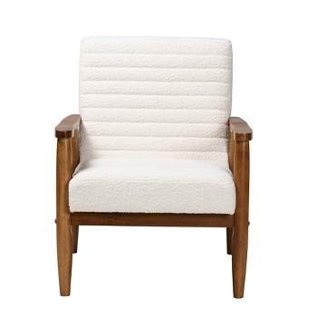 Stratton Boucle Fabric and Wood Armchair White/Walnut Brown - Baxton Studio