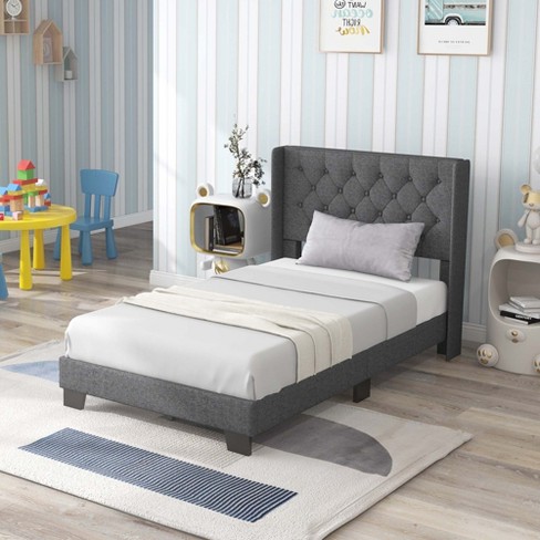 Costway Twin Size Upholstered Platform Bed Tufted Headboard Mattress  Foundation Grey