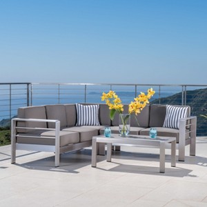 Salome 4pc Patio Chat Set: Aluminum Frame, Tempered Glass Table, Loose Cushions - Christopher Knight Home - 1 of 4