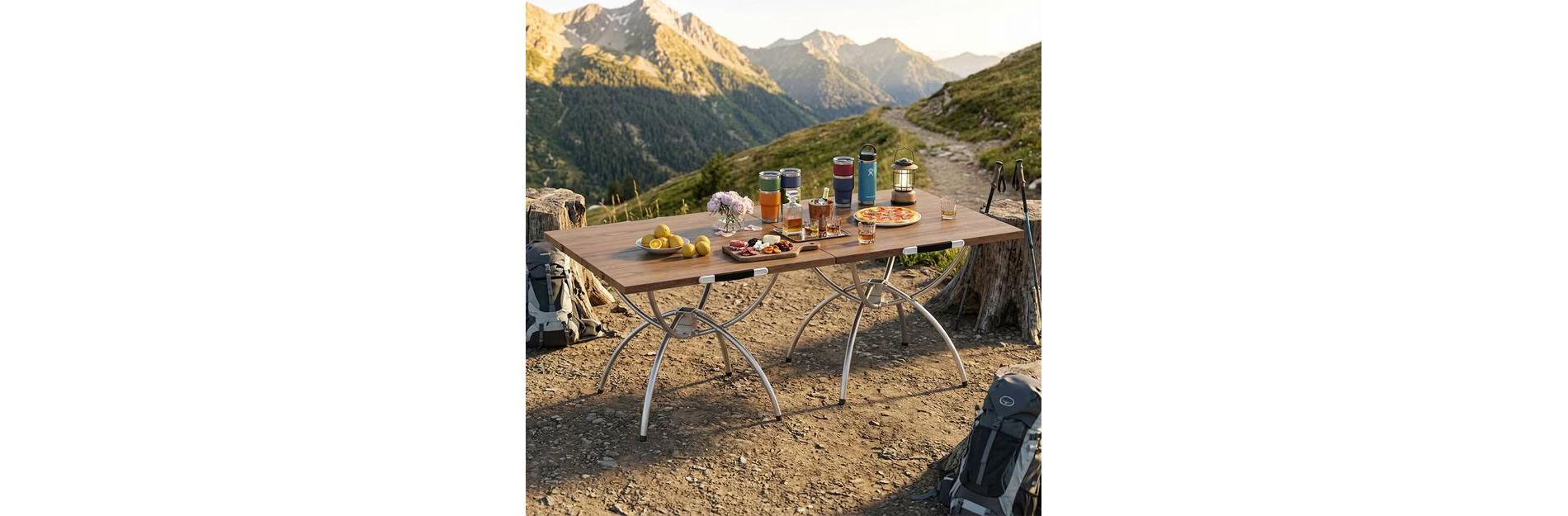 2 Pack Folding Camping Table, Wood-Grain Aluminum Top, Portable with Carrying Bag for Beach, Picnic, BBQ, Camping