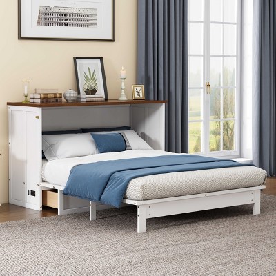 LOVMOR Solid Pine Murphy Bed Chest with Charging Station & Large Storage Drawer for Home Office or Small Room, White+Walnut