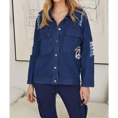 Women's Peace & Love Fuzzy Button Down Denim Jacket - Venti6 S : Target
