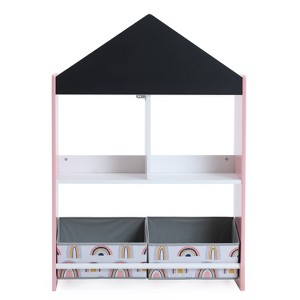 LuxenHome Kids Multi-Functional House Bookcase Toy Storage Bin Floor Cabinet with Blackboard, Pink Multicolored - 1 of 4