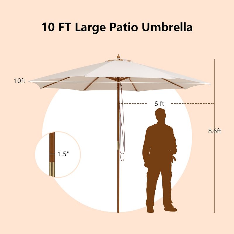 10FT Patio Wooden Market Table Umbrella Pulley w/8 Bamboo Ribs Sunshade Canopy, 4 of 11