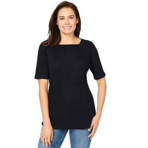 Woman Within Plus Size Ribbed Square Neck Elbow-Sleeve Tee - 1 of 4