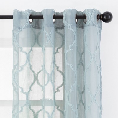 Tan Turquoise Moroccan Textured Sheer Grommet Window Curtain Panels, 52 x 63 in