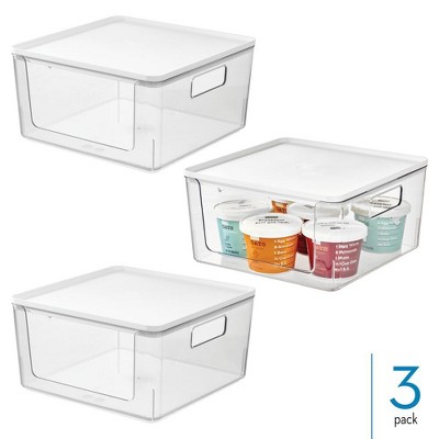 iDesign Stackable Open-Front Bins with Lid, Set of 3, Clear/White