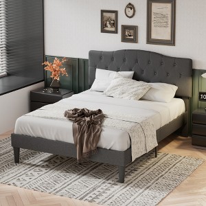 VECELO Upholstered Bed Wooden Platform Bed with Velvet Adjustable Headboard No Box Spring Neededs Frame - 1 of 4