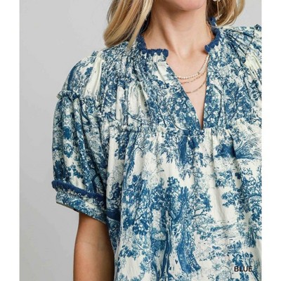 Women's Abstract Print Top with Ruffled Neckline - umgee