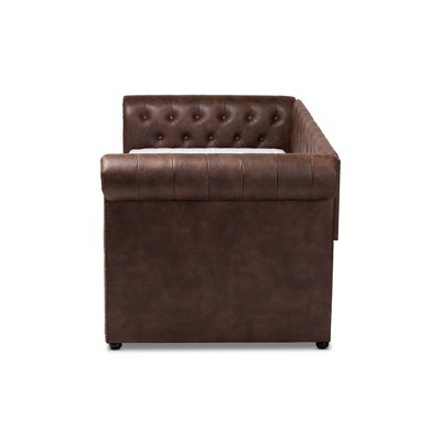 Mabelle Twin Brown Faux Leather Daybed with Trundle and Nailhead Trim