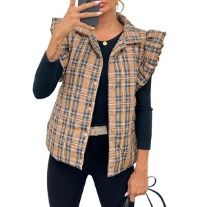 Imily Bela Womens Plaid Puffer Ruffle Sleeveless Lightweight Quilted Vest Fall Winter Padded Gilets Coats - 1 of 4