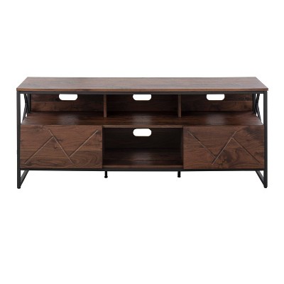 Modern Walnut Wood & Black Steel TV Stand with Cabinet