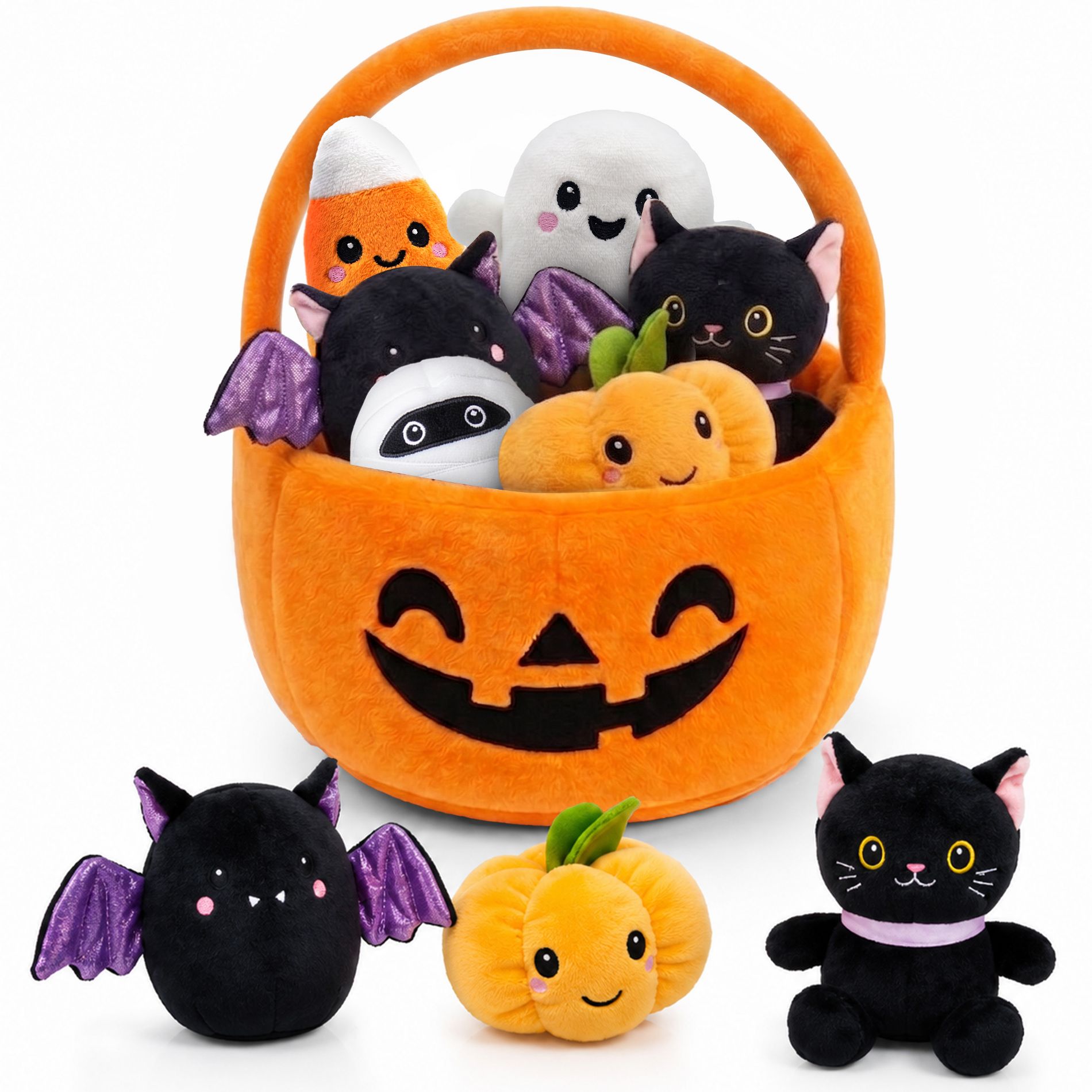 Halloween Baby Plush Toys Playset, Halloween Pumpkin Basket Party Favor Toy Set, Cute Halloween Stuffed Animals, Goodie Bag Stuffers Gifts for Kids