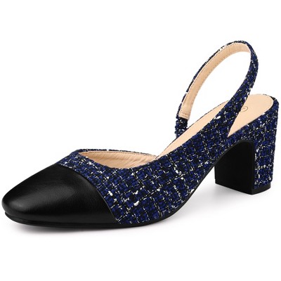 Allegra K Women's Plaid Cap Toe Slingback Chunky Heel Pumps