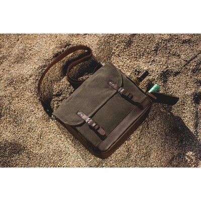 Khaki Green Waxed Canvas Wine Tote with Acacia Table
