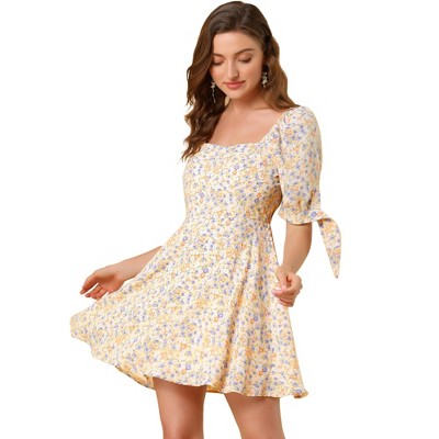 Allegra K Women's Floral Printed Sweetheart Neck Puff Sleeve A-Line Mini Dress